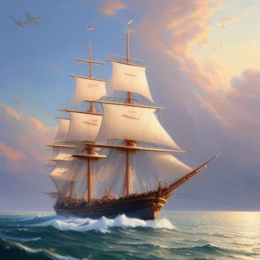7423245678-higly detailed, majestic royal tall ship on a calm sea,realistic painting, by Charles Gregory Artstation and Antonio Jacobsen.webp